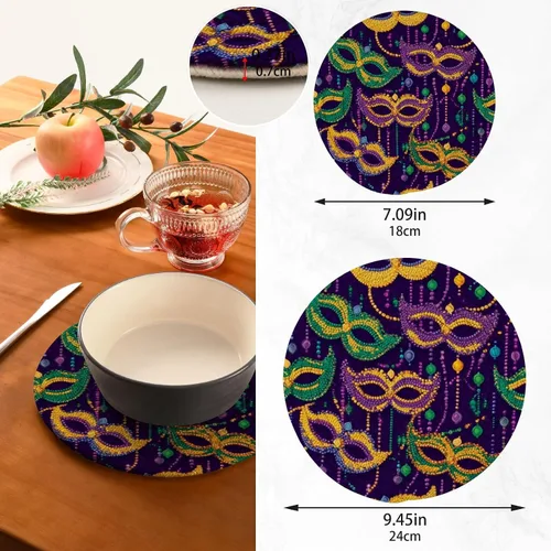 Vista 3 de Boccsty Tapete de salvamanteles de carnaval de Mardi Gras con cuentas de colores, 2 unidades de tejido redondo, para mesa de cocina, protector