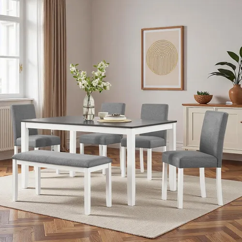 Vista 28 de Juego de mesa de comedor Trygoal para 5, juego moderno de 6 piezas para comedor con mesa rectangular, 4 sillas tapizadas con respaldo y un banco