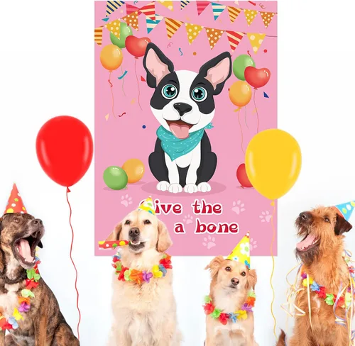 Vista 6 de Fowecelt Juego de fiesta Pin The Bone on The Dog con 48 piezas de hueso, vendas de ojos, póster y adhesivos para suministros de fiesta de cumpleaños