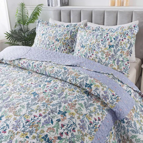 Vista 11 de HoneiLife - Juego de edredón de 3 piezas, colcha ligera de microfibra, diseño de flores silvestres, cubrecamas ligero y botánico, para todas