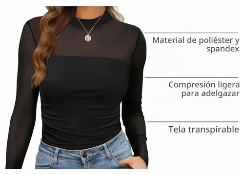 Vista 4 de Camisas de manga larga de malla sexy para mujer, ropa de moda, cuello de tortuga, drapeada, para salir, trajes de otoño, blusas ajustadas Negro