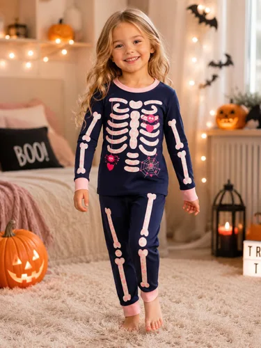 Vista 2 de Conjunto de pijama de esqueleto para niños pequeños, ropa de dormir de calabaza para niños, Halloween, 2 piezas skeleton 3