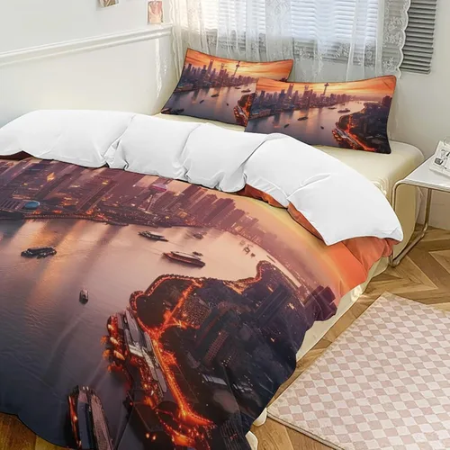 Vista 16 de Landscape Duvet Cover Full Size, Ultra Soft Microfiber Cityscape Bedding Set, 3 Pieces Night Scenery Pattern Comforter Cover Set with Zipper Closure
