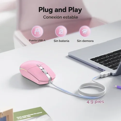 Vista 2 de TECKNET Ratón con cable con retroiluminación RGB, ratón de tamaño completo Rosa
