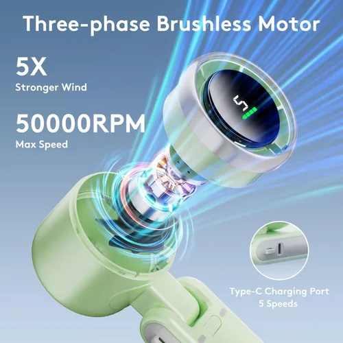 Vista 2 de Mini ventilador portátil de mano, potente ventilador turbo plegable, batería de 10000 mAh y velocidad de 50000 RPM, ventiladores personales Verde