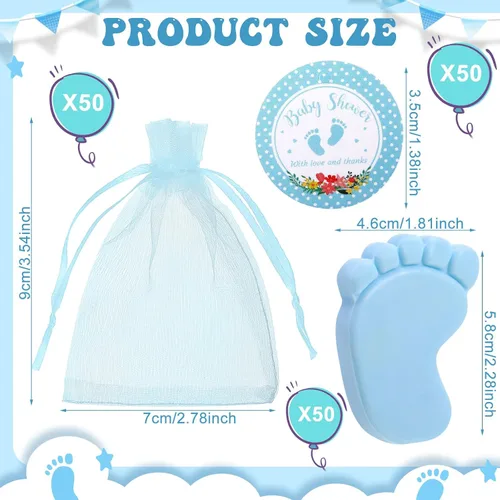 Vista 2 de 50 juegos de recuerdos de baby shower, pies de bebé hechos a mano, jabón perfumado, regalos para invitados, regalos con bolsas de organza