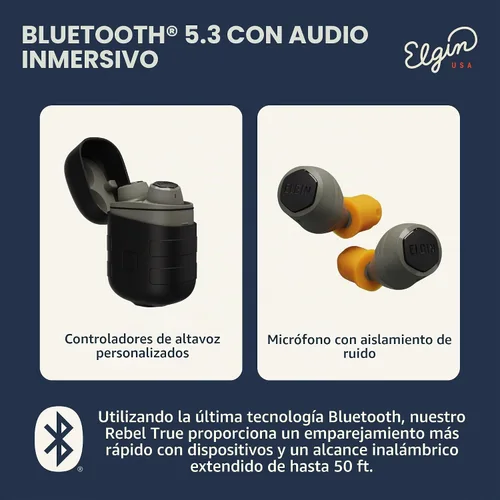Vista 6 de Auriculares Elgin Rebel True Wireless, auriculares Bluetooth de reducción de ruido de 25 dB, micrófono con aislamiento de ruido, vida de batería