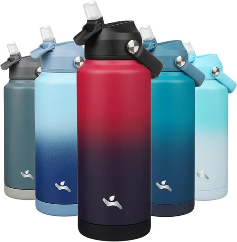 Vista 49 de Konokyo Botella de agua aislada con tapa de pajilla, botella de metal al vacío de acero inoxidable de 18 onzas con mango de silicona, color negro