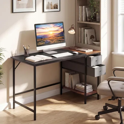 Vista 2 de Tangkula 48-Inch Computer Desk with 2 Drawers, Modern Home Office Desk with Hanging Hook & Storage Shelf, Multipurpose Writing Desk for Study Bedroom