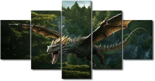 Vista 68 de Lienzo decorativo para pared de sala de estar, lienzo de dragón, 5 paneles, dragón verde, decoración de pared para el hogar, decoración de pared