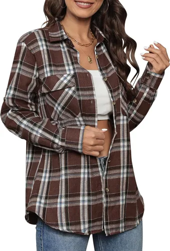 Vista 2 de siliteelon Camisas de franela a cuadros para mujer, de manga larga, con botones, de algodón, estilo novio, informal, con puños