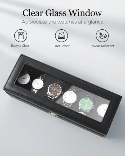Vista 3 de Ohuhu Fundas de reloj para hombres, caja de reloj de piel sintética con 6 ranuras, tapa de cristal real, organizador de joyas, almacenamiento