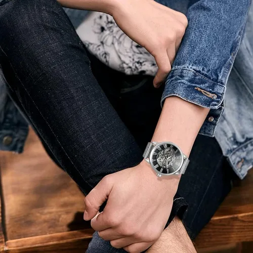 Vista 6 de Gosasa Reloj automático único para hombre, esfera transparente, esqueleto hueco, tono plateado, correa de malla, Oro Rosa