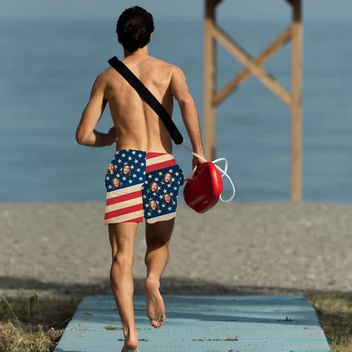 Vista 6 de Traje de baño personalizado para hombre, divertido estampado de fotos personalizado con la bandera estadounidense, pantalones cortos, regalos