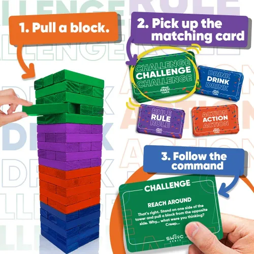Vista 3 de SWOOC Games - Ultimate Party Tower™ - 100 Comandos Originales, 60 Bloques, y Miles de Divertidas Combinaciones de Reglas - Una Vuelta Divertida a