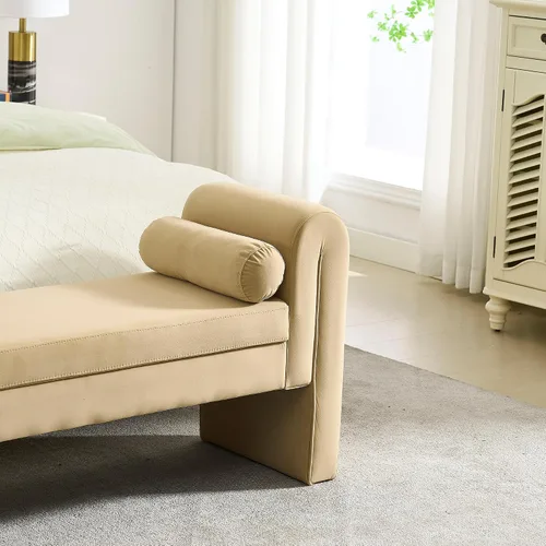 Vista 6 de Banco de terciopelo para dormitorio al pie de la cama, banco otomán tapizado con botones capitoné de 60.5 pulgadas con brazos curvos, otomán