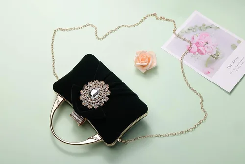 Vista 6 de Bolsos de noche de terciopelo para mujeres con cierre de flores de diamantes de imitación adornado con cristal embrague monedero para fiesta boda