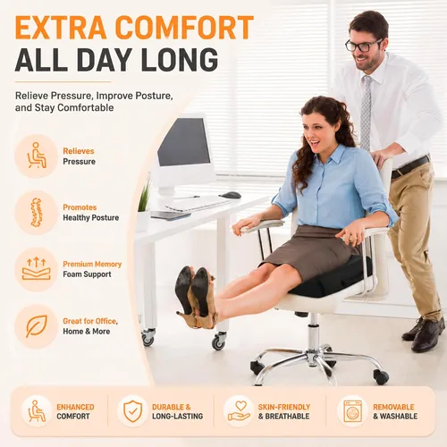 Vista 6 de Cojín de asiento de espuma viscoelástica extra grande con asa de transporte, cojín ergonómico para silla de oficina para alivio del coxis y dolor