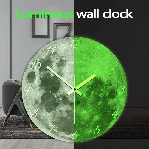 Vista 8 de The Geeky Days Reloj de pared con luna que brilla en la oscuridad para sala de estar, diseño moderno, luminoso, silencioso, sin tictac, decoración
