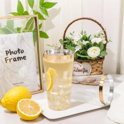 Vista 7 de DaYammi Paquete de 100 vasos de plástico dorados de 16 onzas, elegantes vasos de plástico transparente con borde dorado, desechables, copas de vino
