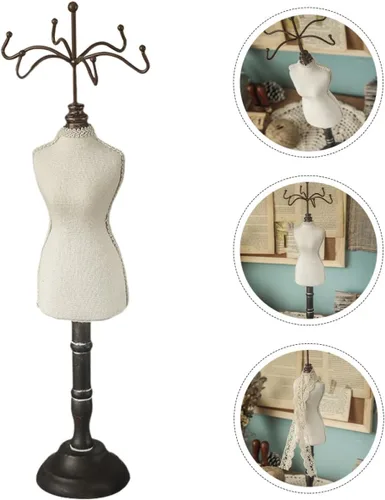 Vista 6 de DOITOOL Wooden Retro Jewelry Holder Organizer with Mannequin Design, Necklace Display Stand and Earring Tree for Home Desktop Storage and Decorative