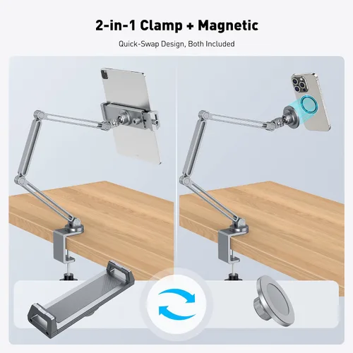 Vista 3 de AboveTEK Soporte para iPad 2 en 1 para escritorio, brazo de aluminio para iPad con abrazadera y cabezal de anillo magnético, soporte ajustable