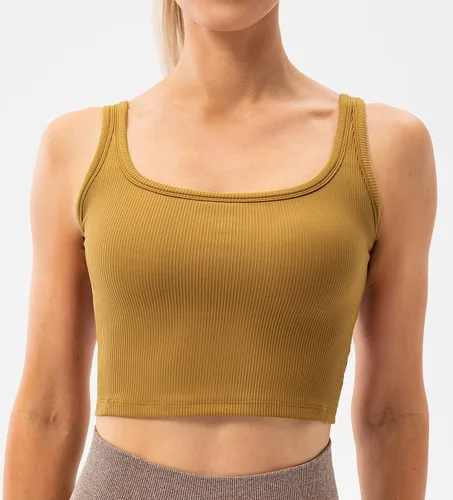 Vista 4 de Ukaste Sujetadores deportivos acanalados de alto rendimiento para mujer, con cuello redondo, cuello redondo, brasier corto para yoga