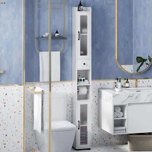 Vista 10 de Maupvit Armario de almacenamiento de baño con 2 puertas de vidrio esmerilado, armario de almacenamiento alto y estrecho con puertas y estantes