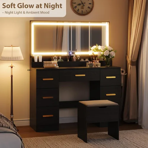 Vista 3 de Garvee Escritorio de tocador con espejo grande y luces, escritorio de maquillaje de 45.9 pulgadas, 3 modos de iluminación de brillo ajustable, mesa