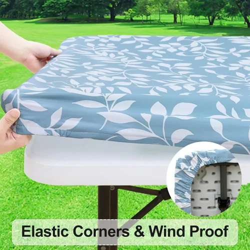 Vista 2 de misaya Mantel rectangular de vinilo, mantel ajustable, 100% impermeable, borde elástico, reverso de franela, mantel de plástico para mesas plegables
