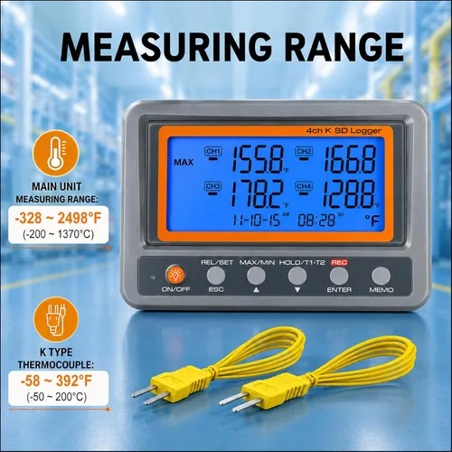 Vista 5 de Registrador de datos de termopar de 4 canales -328 ~ 2498 ° F, registrador de datos de temperatura con tarjeta SD de 8 GB, registro automático