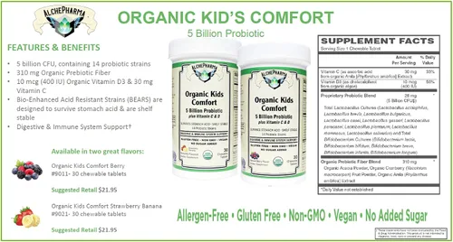 Vista 5 de Organic Kids Comfort (probiótico integral - USDA Organic) vegano masticable (30 masticables de fresa/plátano)
