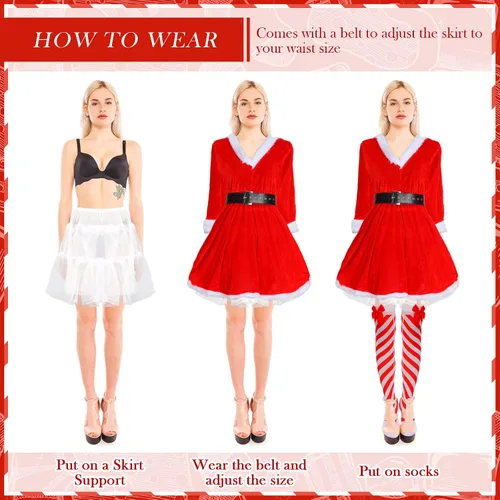 Vista 7 de Vicenpal 5 Pcs Christmas Santa Costume Set Claus Costume with Xmas Hat Fur Gloves High Socks Red Outfits Dress for Women Girl
