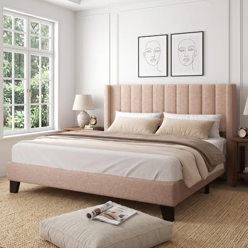 Vista 9 de Base de cama tamaño matrimonial con cabecero, marco de cama plataforma tapizado con cabecero de terciopelo tipo osito de peluche, soporte