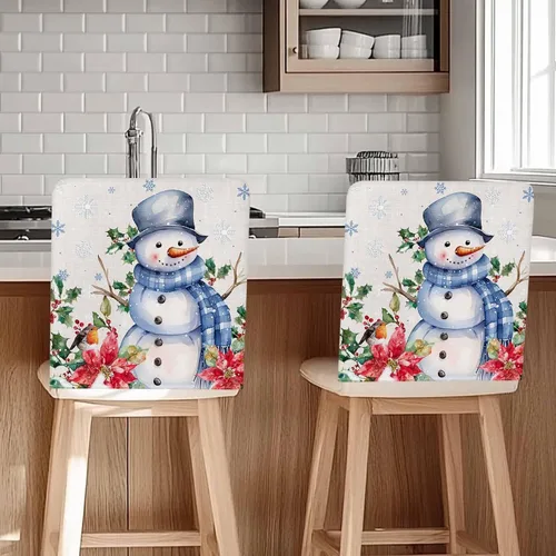 Vista 2 de Paquete de 4 fundas de respaldo de silla de Navidad con muñeco de nieve azul para sillas de comedor, fundas extraíbles lavables para silla
