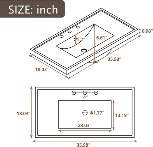 Vista 5 de Runboll Armario de tocador de baño de 36 x 18 pulgadas con parte superior del fregadero, juego de lavabo de baño con cajón y 3 agujeros para grifo