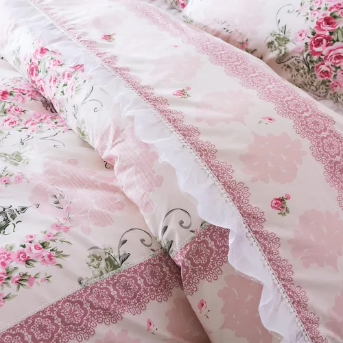 Vista 2 de FADFAY, Juego de ropa de cama romántica con estampado de flores, juego de cama rural rústico, funda de edredón con volantes de encaje de princesa