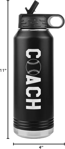 Vista 2 de Botella de agua de entrenador de béisbol, 32 onzas, con tapa abatible de acero inoxidable grabada, con pajita, regalo de entrenador de béisbol, Negro