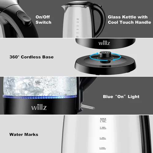 Vista 8 de Willz Hervidor eléctrico de vidrio con mango resistente al calor y vertido inalámbrico, tecnología de ebullición rápida y apagado automático, luz