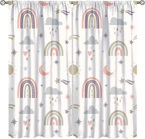 Vista 14 de Cortinas bohemias con diseño de arco iris, hermoso diseño de estrellas de durazno marrón y arcoíris, para dormitorio de niños y niñas, sala