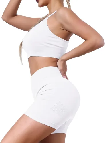 Vista 3 de HORISUN Women Workout Sets 2 Piece Yoga Outfits Seamless Ribbed Sports Bra Crop Tank Top High Waist Biker Shorts Exercise Set