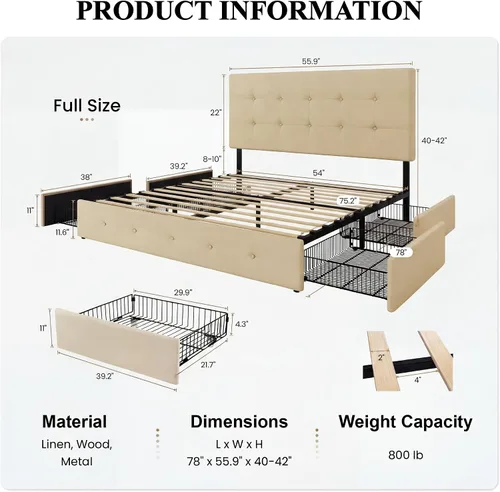 Vista 2 de SHA CERLIN Base de cama de plataforma tamaño matrimonial tapizada con 4 cajones de almacenamiento, cabecero ajustable con diseño cosido en cuadrados