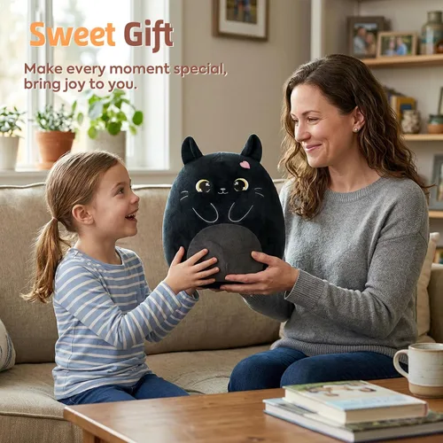 Vista 6 de PEACH CAT Animal de peluche original de gato negro de 12 pulgadas, lindo gatito de peluche, juguetes de peluche suaves, regalos para niños