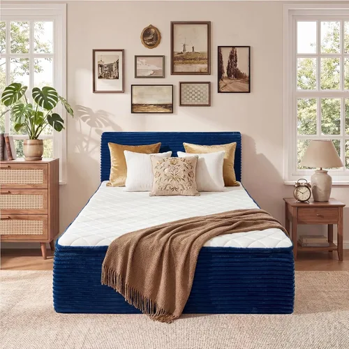 Vista 18 de Base de cama individual sin hueso con colchón, colchón de espuma viscoelástica de 16 pulgadas con plataforma tapizada de tela de felpa, no requiere