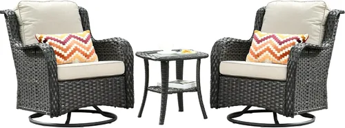 Vista 2 de HOOOWOOO Juego de 3 sillas giratorias para exteriores, juego de 3 sillas de patio giratorias para exteriores, con respaldo alto, juego de 2 sillas