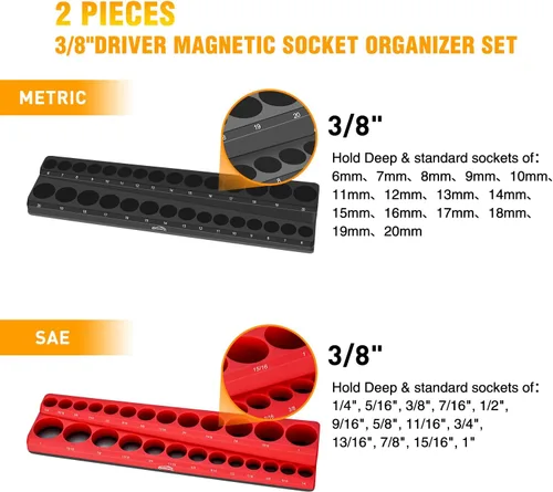 Vista 2 de GOOACC Organizador Magnético de Dados de 3/8", 2 Piezas Métrico y SAE Soportes de Dados de 3/8 pulgadas Bandeja Organizadora de Dados Sostiene 56