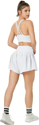 Vista 3 de Pantalones cortos deportivos para mujer, cintura alta, cruzado, 2 en 1, con bolsillo lateral, para entrenamiento, con diseño de mariposa