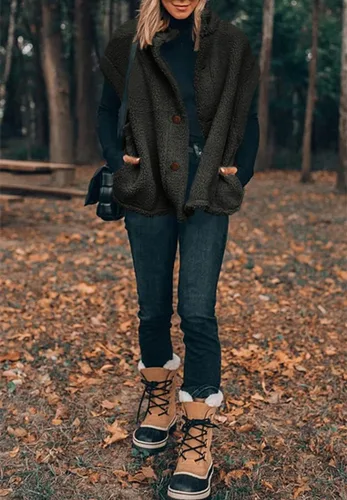 Vista 34 de Hongqizo - Chaleco de forro polar mullido para mujer, casual, de gran tamaño, cálido, con botones, chaqueta de sherpa con bolsillos