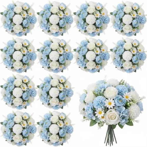 Vista 10 de Tigeen - 12 paquetes de flores artificiales de peonías, rosas sintéticas Azul