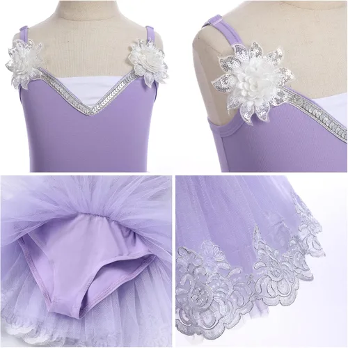 Vista 4 de ODASDO Leotardo de ballet para niñas, camisola, faldas tutú, lentejuelas brillantes, bordado de flores, vestido de baile, traje de gimnasia